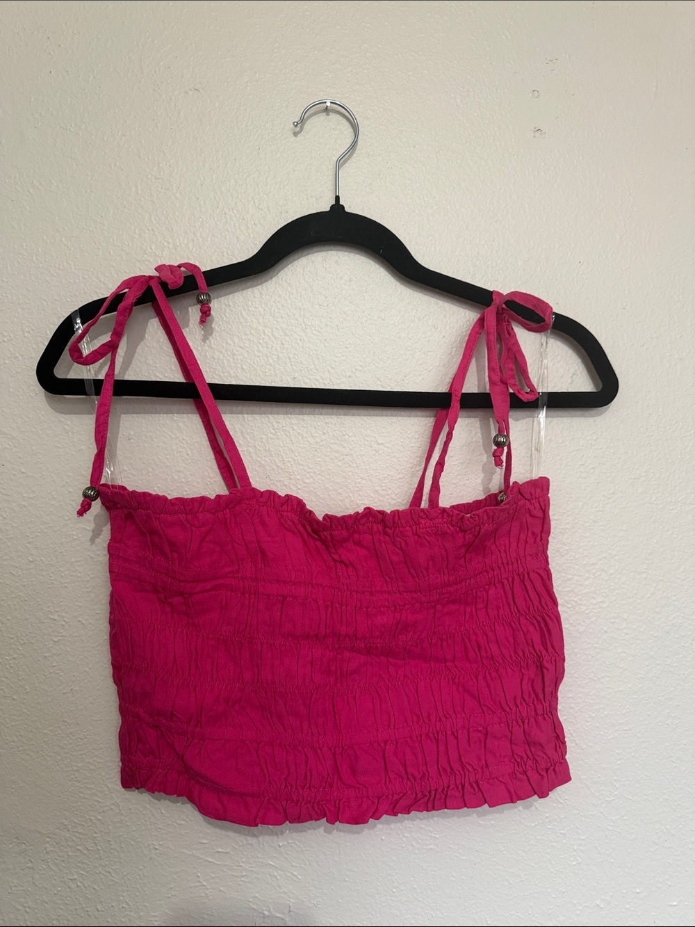 Elan Hot Pink Smocked Tie-Strap Crop Camisole